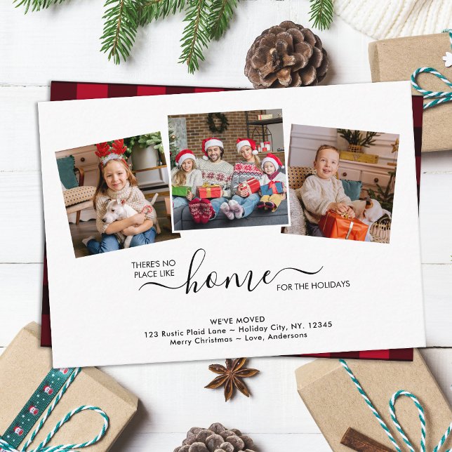 Home For The Holidays 3 Photo Red Plaid Moving Announcement (Creator Uploaded)