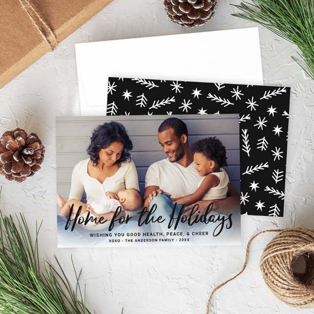 Home for the Holidays Black Script Snowflakes Holiday Card (Creator Uploaded)