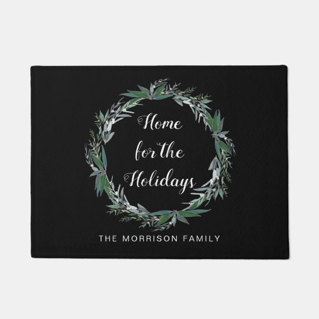 Home For The Holidays Christmas Wreath Family Name Doormat (Front)