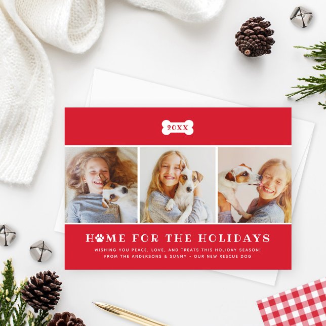 Home for the Holidays Dog Photo Collage Red Holiday Card (Creator Uploaded)
