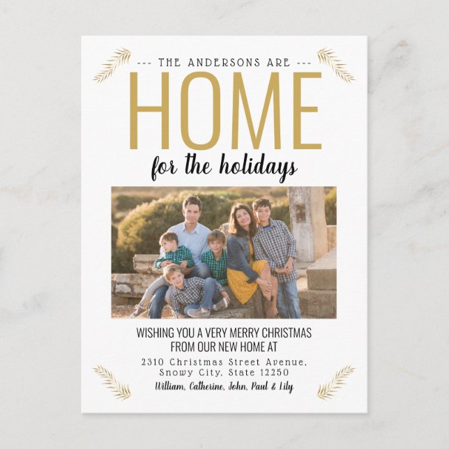 Home For the Holidays Gold Christmas Photo Moving Announcement Postcard (Front)