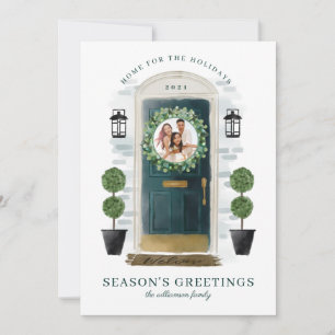 Home For The Holidays Green Watercolor Door Photo Holiday Card