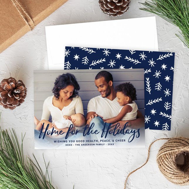Home for the Holidays Navy Modern Script Photo Holiday Card (Creator Uploaded)