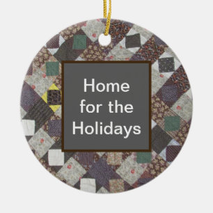 Home for the Holidays Patchwork Quilt Cosy Ceramic Tree Decoration