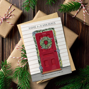 Home For The Holidays Red Watercolor Front Door Holiday Card