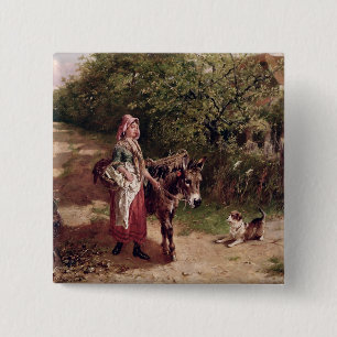 Home from Market (oil on canvas) 15 Cm Square Badge