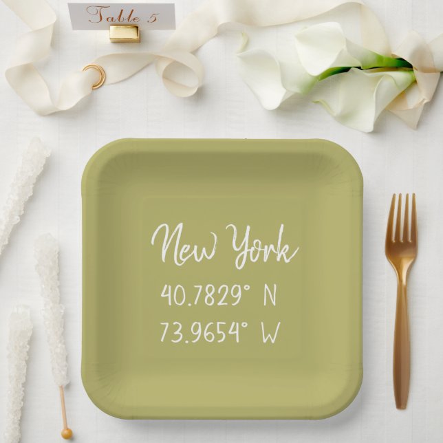 Home GPS Coordinates Longitude Latitude New York  Paper Plate (Wedding)