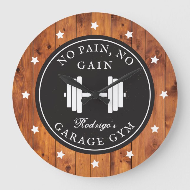 Home Gym Weightlifting Workout Rustic Wood Name Large Clock (Front)