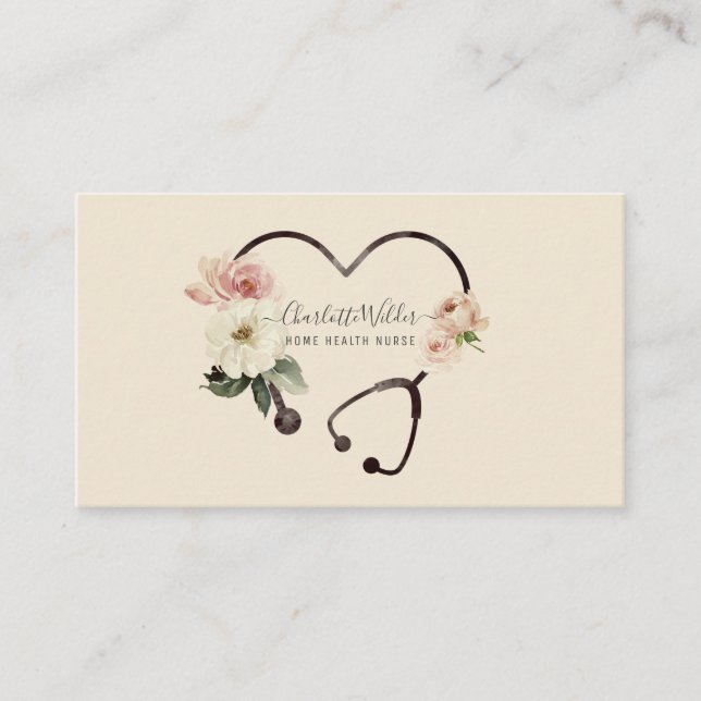 Home Health Nurse Caregiver Floral Stethoscope  Business Card (Front)