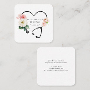 Home Health Nurse Floral Stethoscope Square Business Card