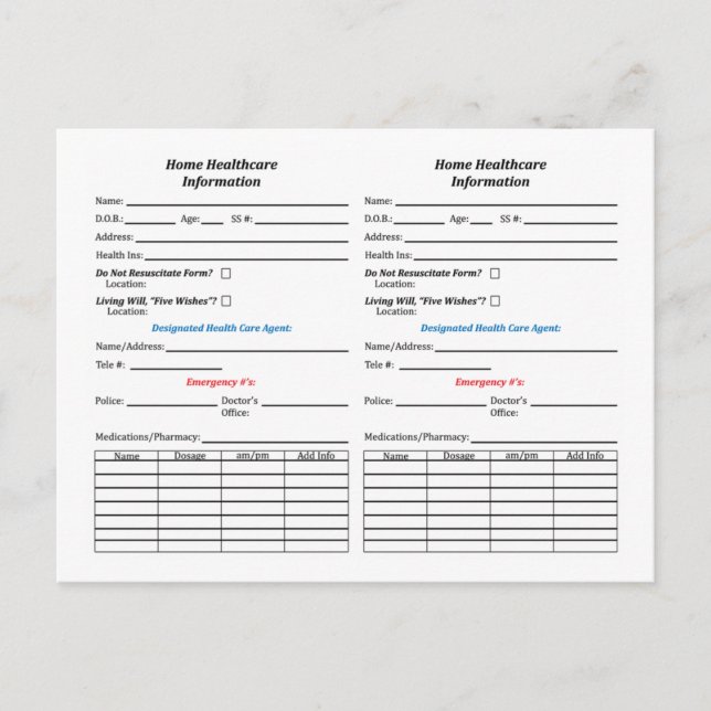 Home Healthcare ID Info Cards (Front)