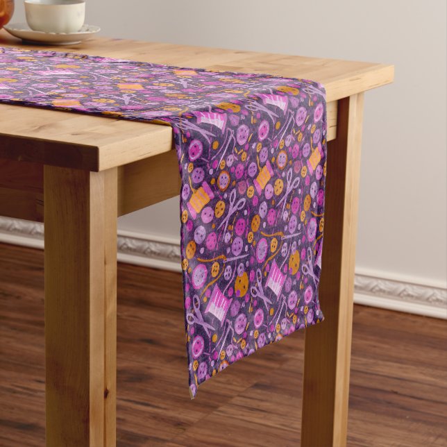 Home Hobby Sew Craft Collage Pattern Purple Orange Short Table Runner (In Situ)
