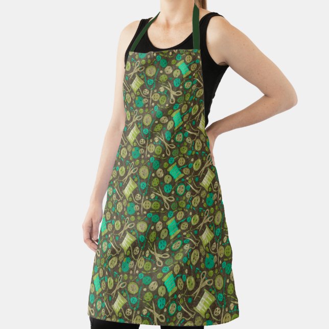 Home Hobby Sew Crafter Collage Pattern Green Mint Apron (Insitu)