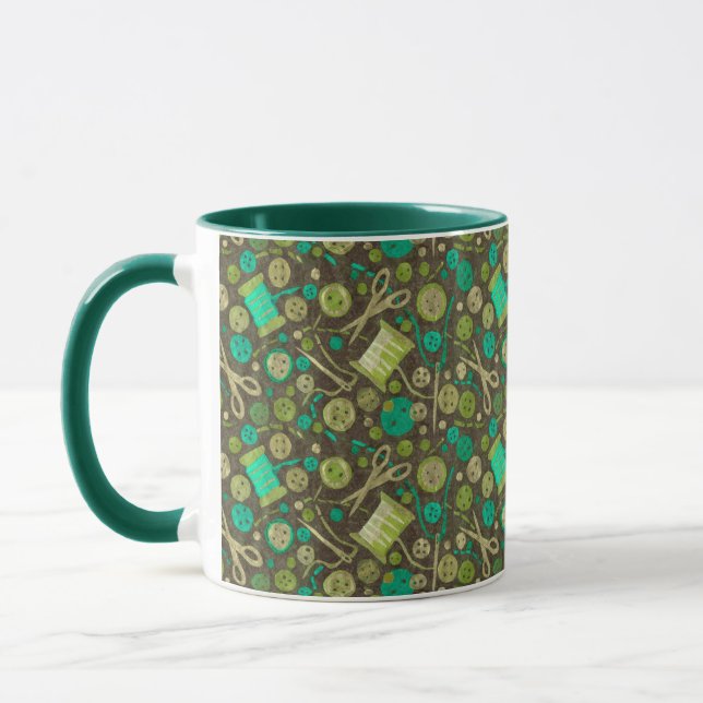 Home Hobby Sew Crafter Collage Pattern Green Mint Mug (Left)