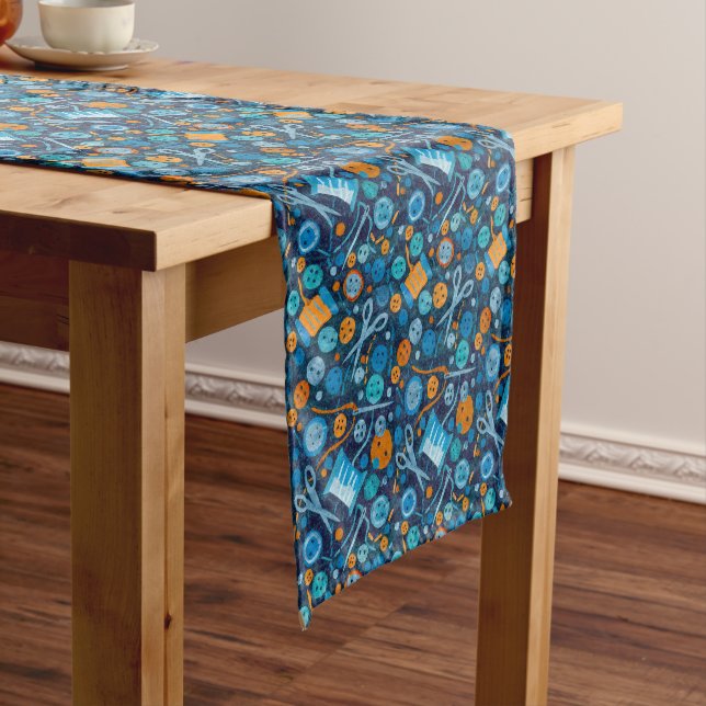 Home Hobby Sewing Craft Paper Collage Pattern Blue Short Table Runner (In Situ)