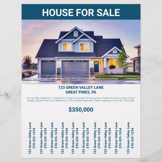 Home House For Sale By Owner Flyer Tear Off Strips (Front)
