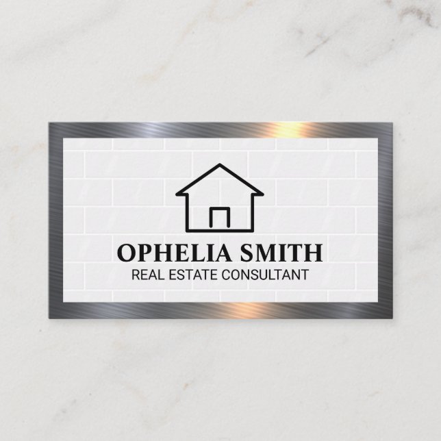 Home Icon | White Brick Tiles | Metal Border Business Card (Front)