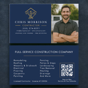 Home Improvement QR Code Photo Navy Blue Gold Business Card