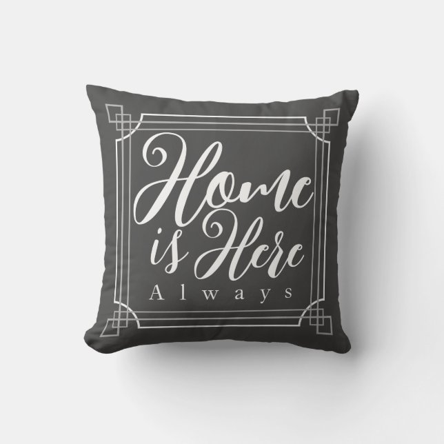 "Home is here always"  Grey  Cushion (Front)