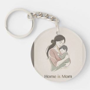 Home is Mum Minimalist Line Art Mother Child Hug K Key Ring