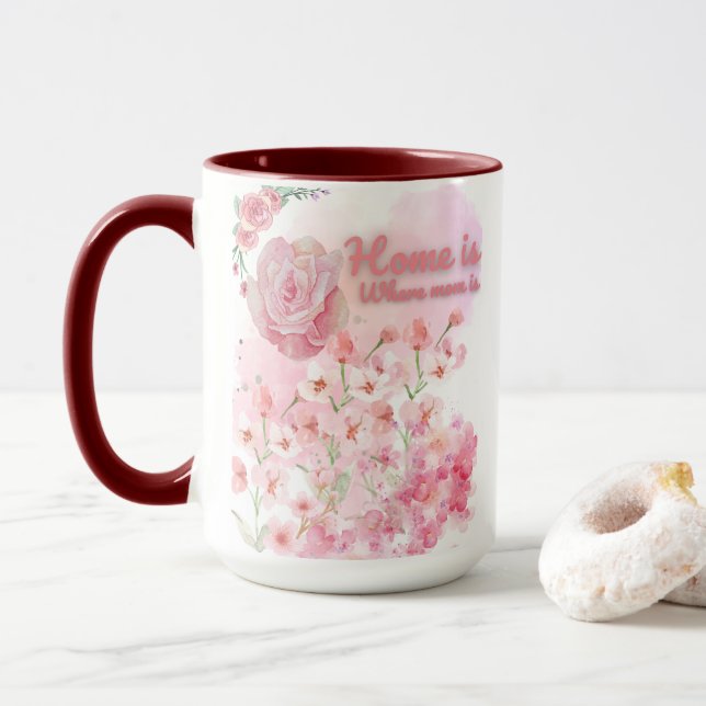 Home Is Where Mum Is Mug – Pink Floral Design (With Donut)