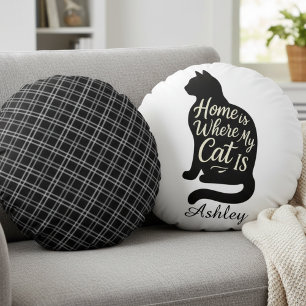 Home Is Where My Cat Is Black Silhouette Round Cushion