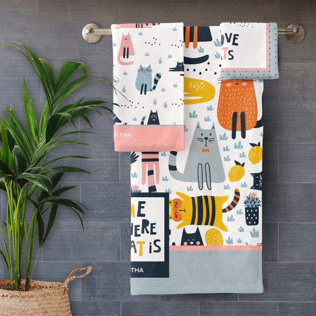 Home is Where My Cat is Monogrammed Name Bathroom Bath Towel Set (Creator Uploaded)