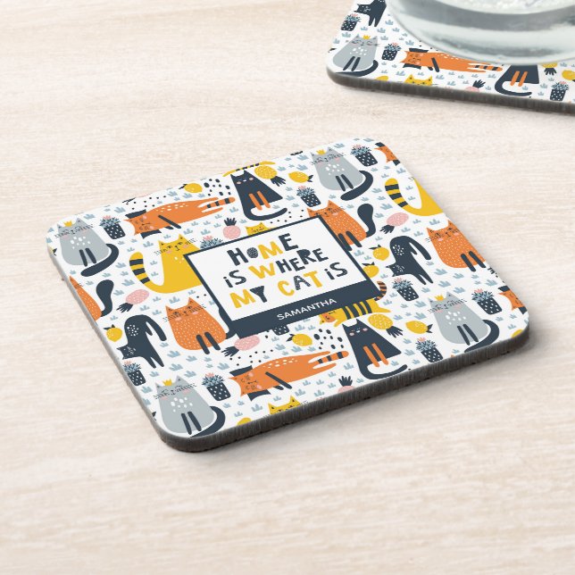 Home is Where My Cat is Monogrammed Name Kitchen Coaster (Left Side)