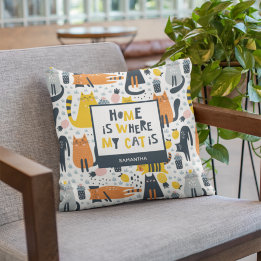 Home is Where My Cat is Pattern Monogrammed Name Cushion