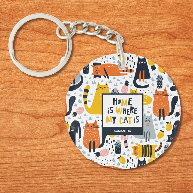 Home is Where My Cat is Pattern Monogrammed Name Key Ring (Creator Uploaded)