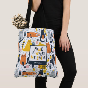 Home is Where My Cat is Pattern Monogrammed Name Tote Bag