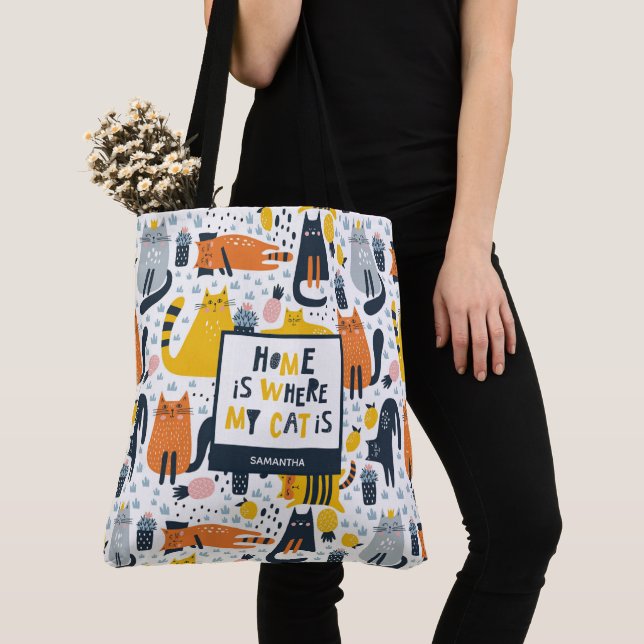 Home is Where My Cat is Pattern Monogrammed Name Tote Bag (Close Up)