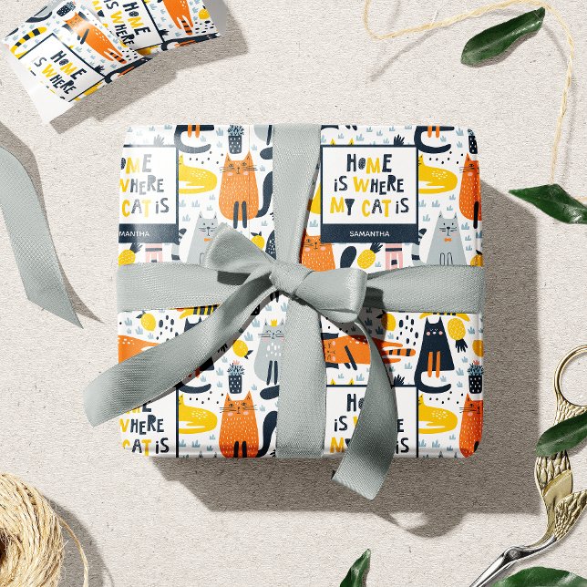 Home is Where My Cat is Pattern Monogrammed Name Wrapping Paper (Creator Uploaded)