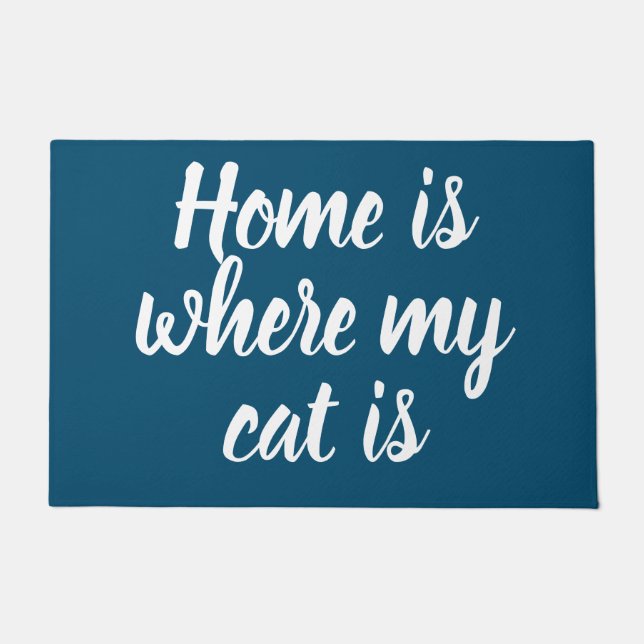Home Is Where My Cat Is White Script Navy Doormat (Front)