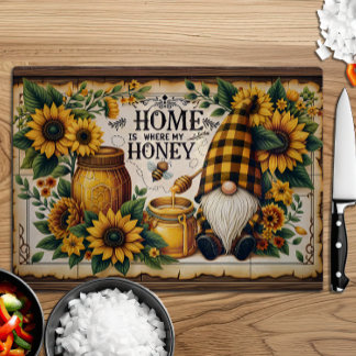 Home Is Where My Honey Rustic Floral Gnome  Cutting Board