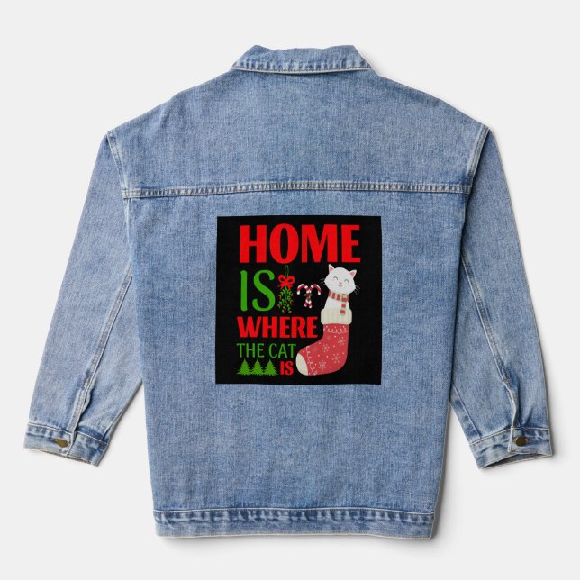 home is where the cat is Christmas Denim Jacket (Back)