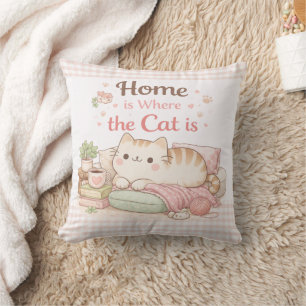 Home is Where The Cat Is Cute Kitty Pink Gingham Cushion