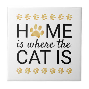Home Is Where The Cat Is Gold Foil Paw Prints Tile