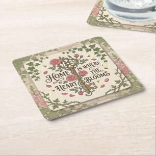 Home Is Where The Heart Blooms Square Paper Coaster