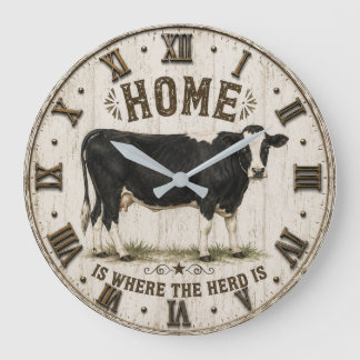 Home Is Where the Herd Is Rustic Cow Farmhouse Large Clock