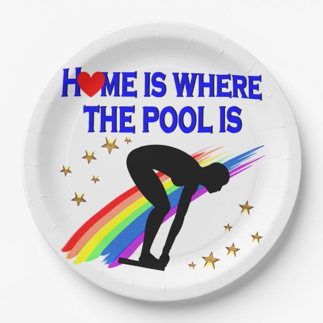 HOME IS WHERE THE POOL IS FOR THIS SWIMMER PAPER PLATE (Front)