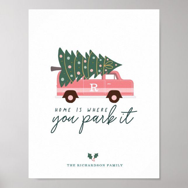 Home Is Where You Park It Pink Van Christmas Tree Poster (Front)
