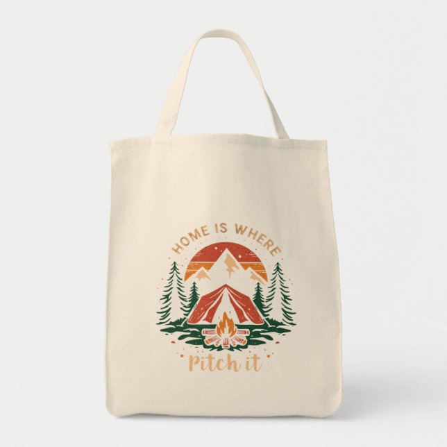 home is where you pitch it shirt, camping t-shirt tote bag (Front)