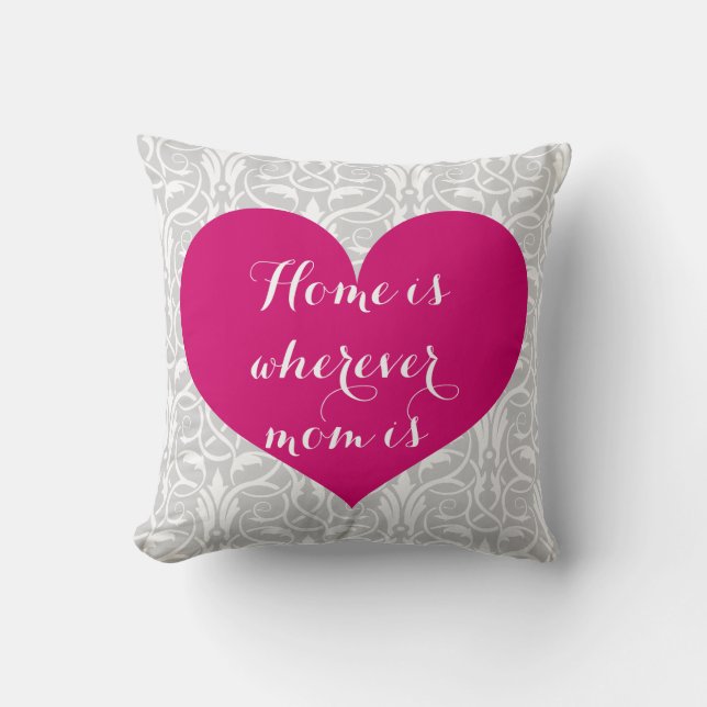 Home is Wherever mum is - Heart and Damask Cushion (Front)