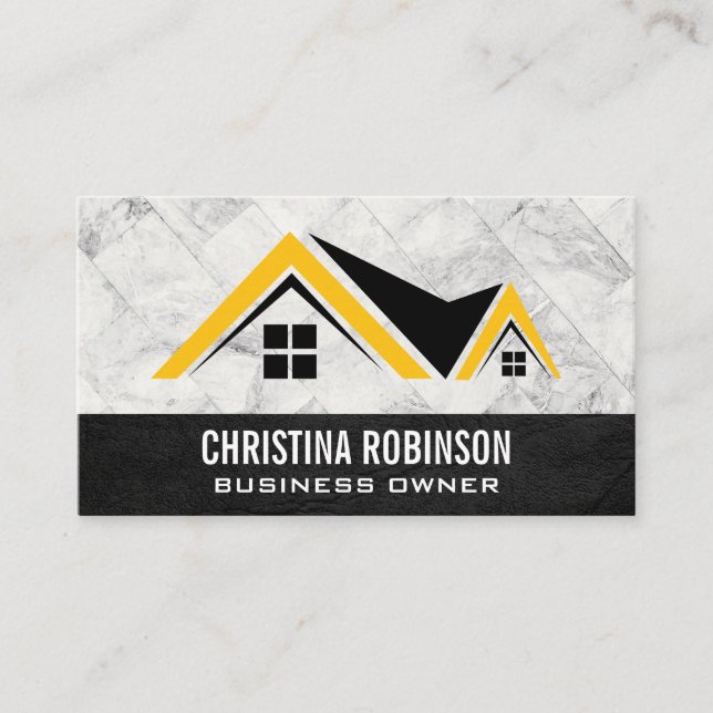 Home Logo | White Marble Tiles | Leather Business Card (Front)