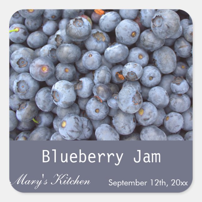 Home made blueberry jam bottle labels. square sticker (Front)