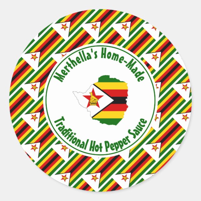 Home Made HOT PEPPER SAUCE Zimbabwe Flag Classic Round Sticker (Front)