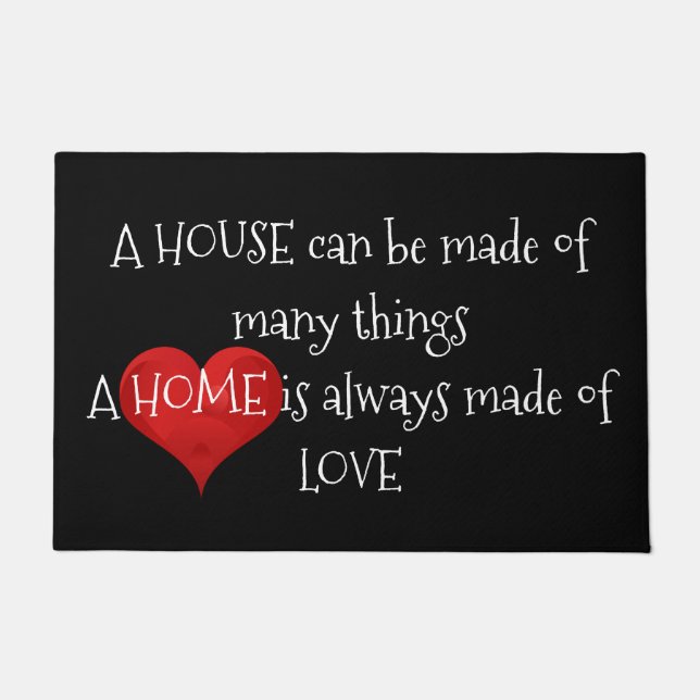 Home made of Love Quote Typography Black Red Heart Doormat (Front)