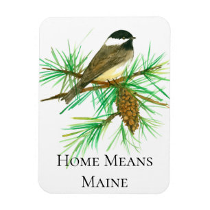 Home Means Maine Chickadee Bird Tassel Pinecone Magnet