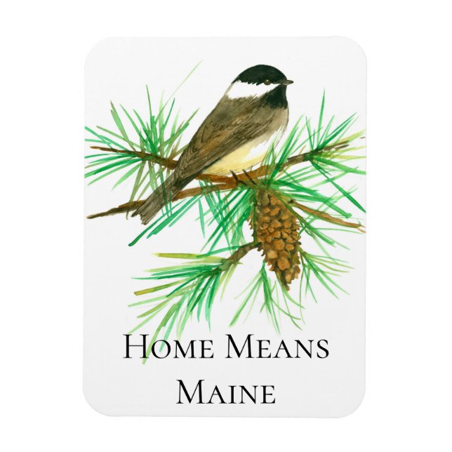 Home Means Maine Chickadee Bird Tassel Pinecone Magnet (Vertical)